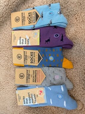 Conscious Step: Set of 5 Med W: 9-14 Casual Socks in Blue, Gray, Purple, Yellow